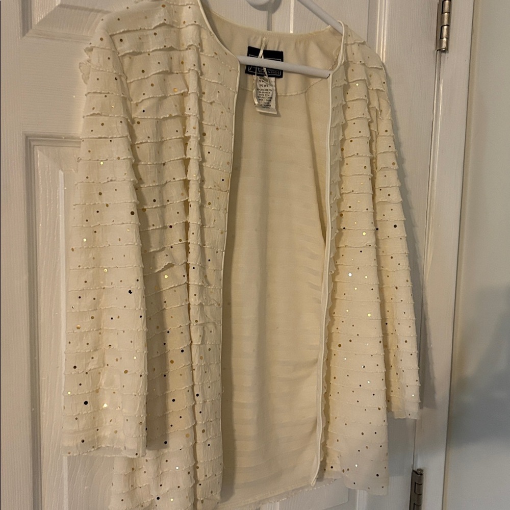 Sequin Textured Cream Open Front Cardigan Lightweight Neutral Layer - Picture 6 of 7